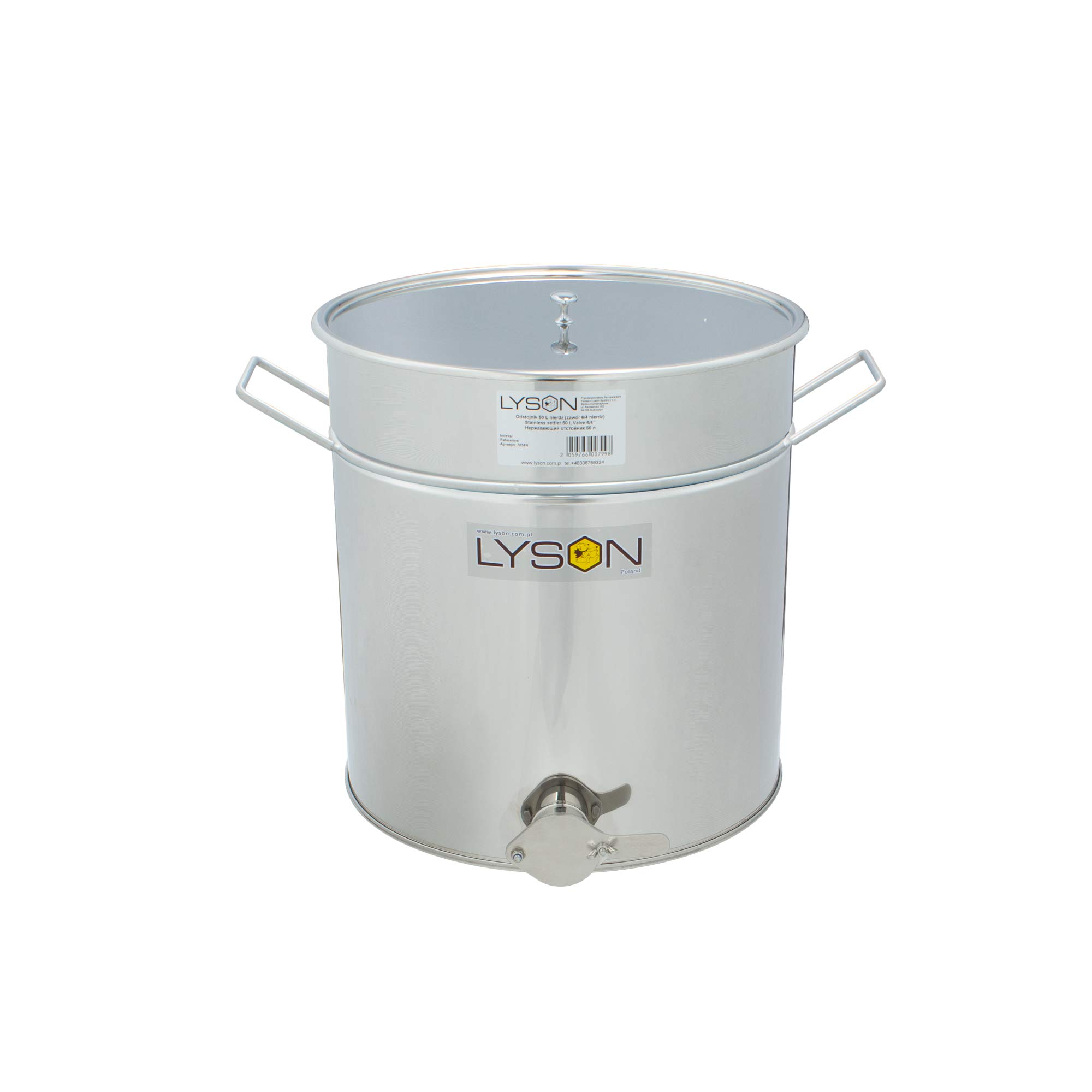 Produktbild von LYSON Abfüllbehälter 50l (ca. 70kg) Für Honig – Edelstahl AISI 304, Mit Quetschhahn, Deckel & Griffen, Für Imker