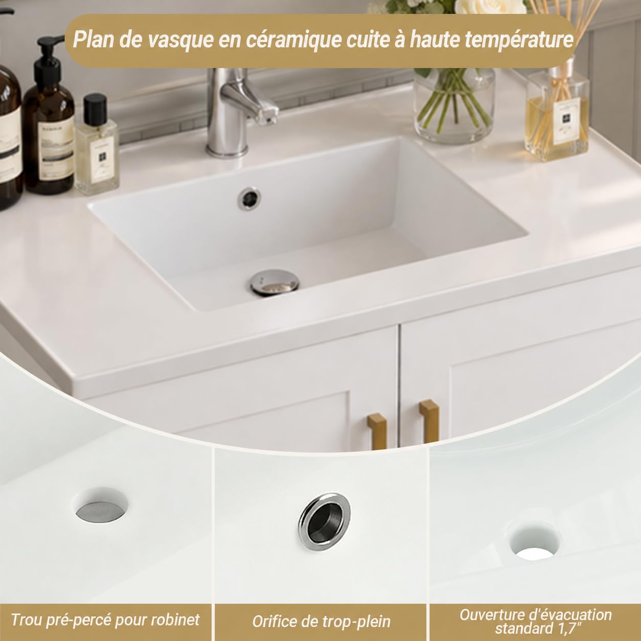 Meuble Vasque Salle De Bain 60cm sur Pied avec Vasque en Céramique, Bois d'Ingénierie, 2 Portes et Étagère Ouverte, Meuble pour Lave-Mains WC, Finition Blanc, Poignées Métal Doré,