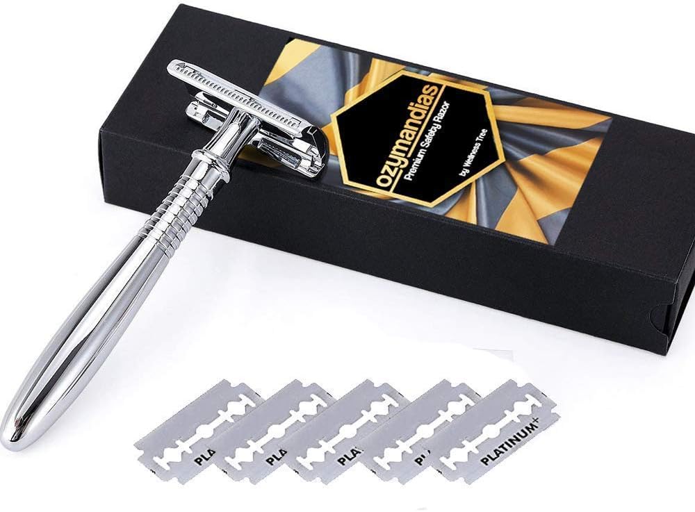 Safety Razor Double Edge Oyzmandias Razor Handle - Luxurious High End Electroplated Safety Razor Shaver with 5 Stainless Steel Blades