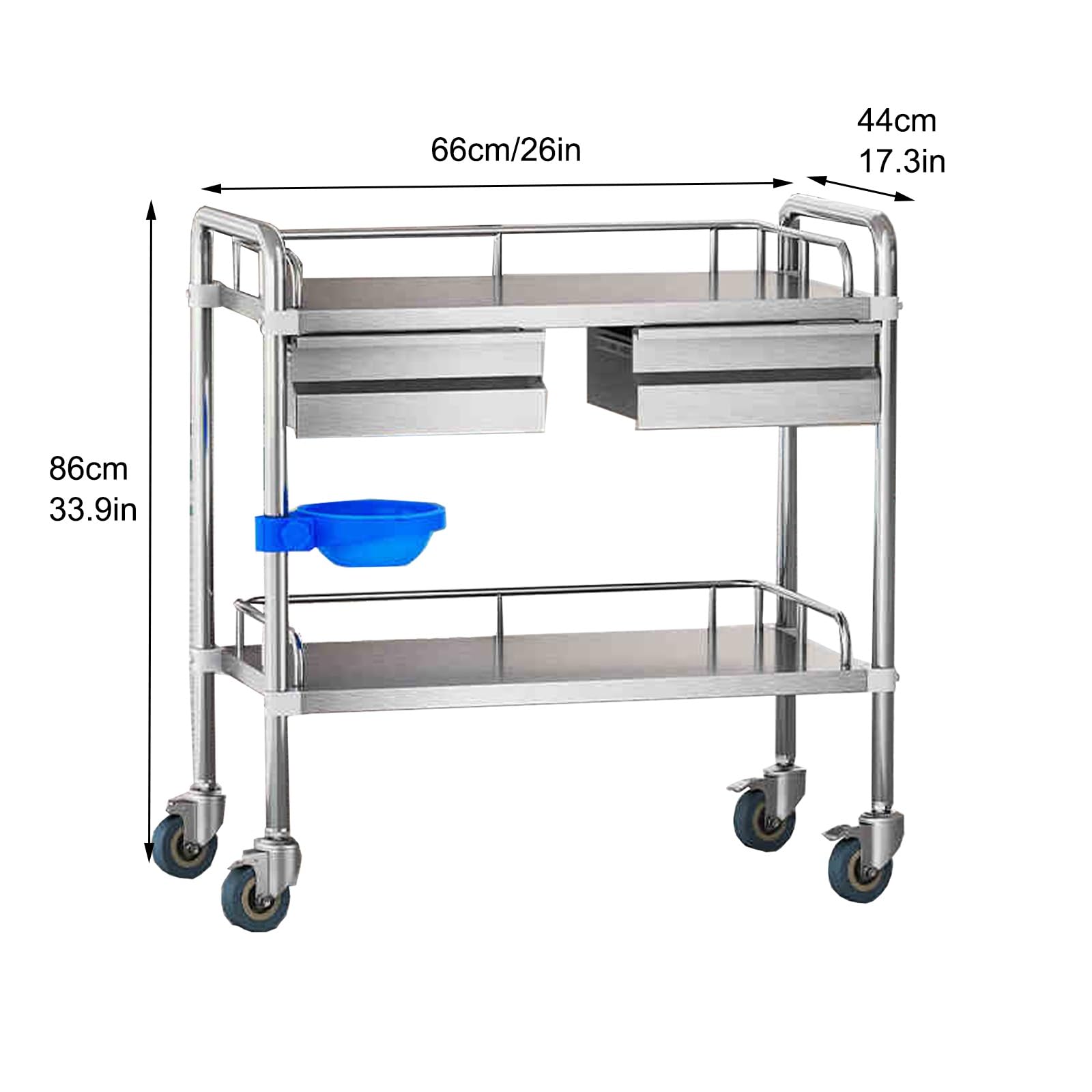 Medizinischer Trolley, 2 Ebenen, mobiler medizinischer Wagen, Ultraschallwagen mit Rädern, Schubladen, Schmutzeimer, Sharps Box, Aufbewahrungskorb, für Dental Clicnic, Labor, Schönheitssalon