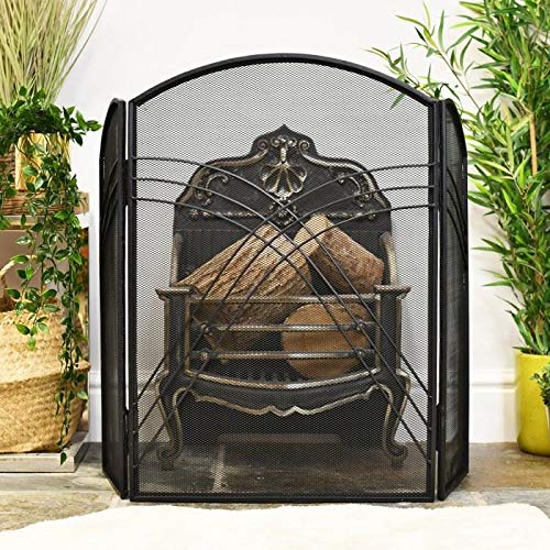 "Maynall Manor" Three Fold Arched Art Deco Style Black Fireguard Fire Screen – Classic Style Mesh Guard for Log Burners & Open Fires – Spark & Debris Protection