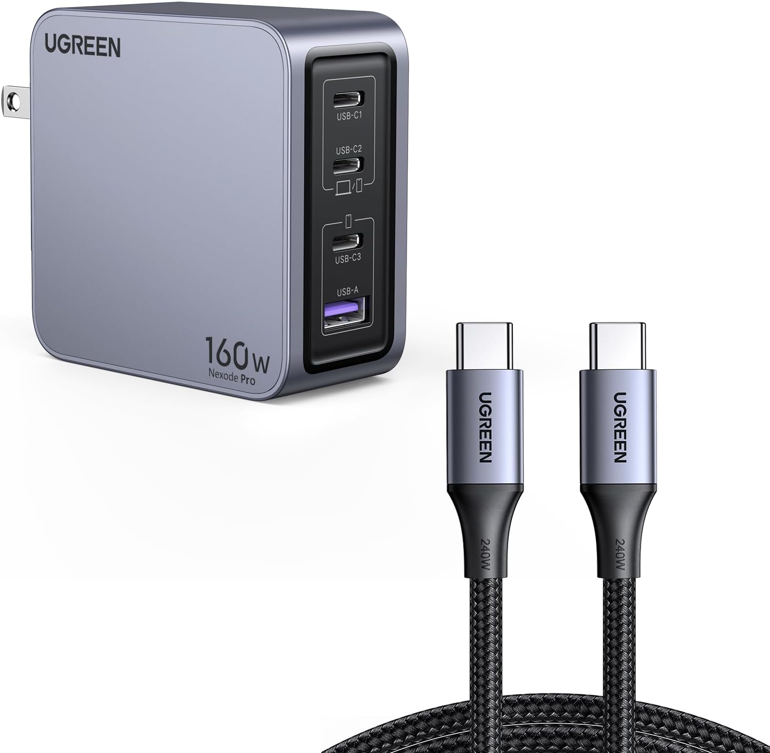 UGREEN Nexode Pro 160W USB C Charger Bundle with 240W 6FT USB C to USB C Cable for iPhone 15 Pro Max, Samsung Galaxy S24/S23, MacBook Pro/Air, iPad Pro/Air/Mini, Dell XPS