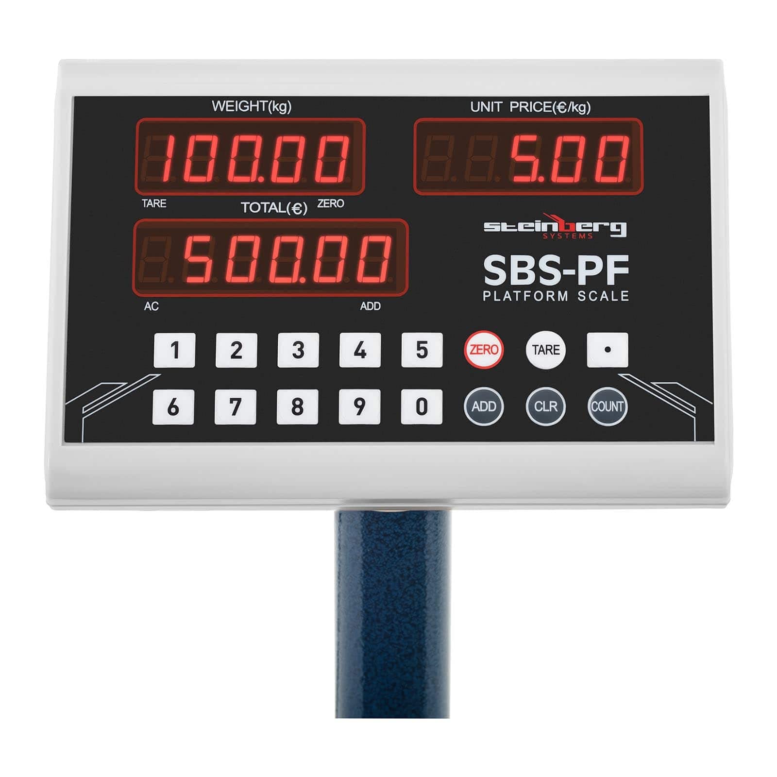 Steinberg Balance Plateforme Professionnelle Pèse-colis SBS-PF-100A8 (100 kg/10g, plate-forme 40x30cm, repliable, pieds réglables en hauteur, batterie et câble d'alimentation, LED)
