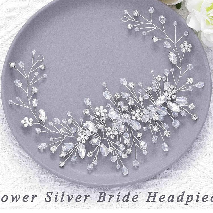 Bride Wedding Hair Comb Floral Vine Silver Rhinestone Headpiece for Women