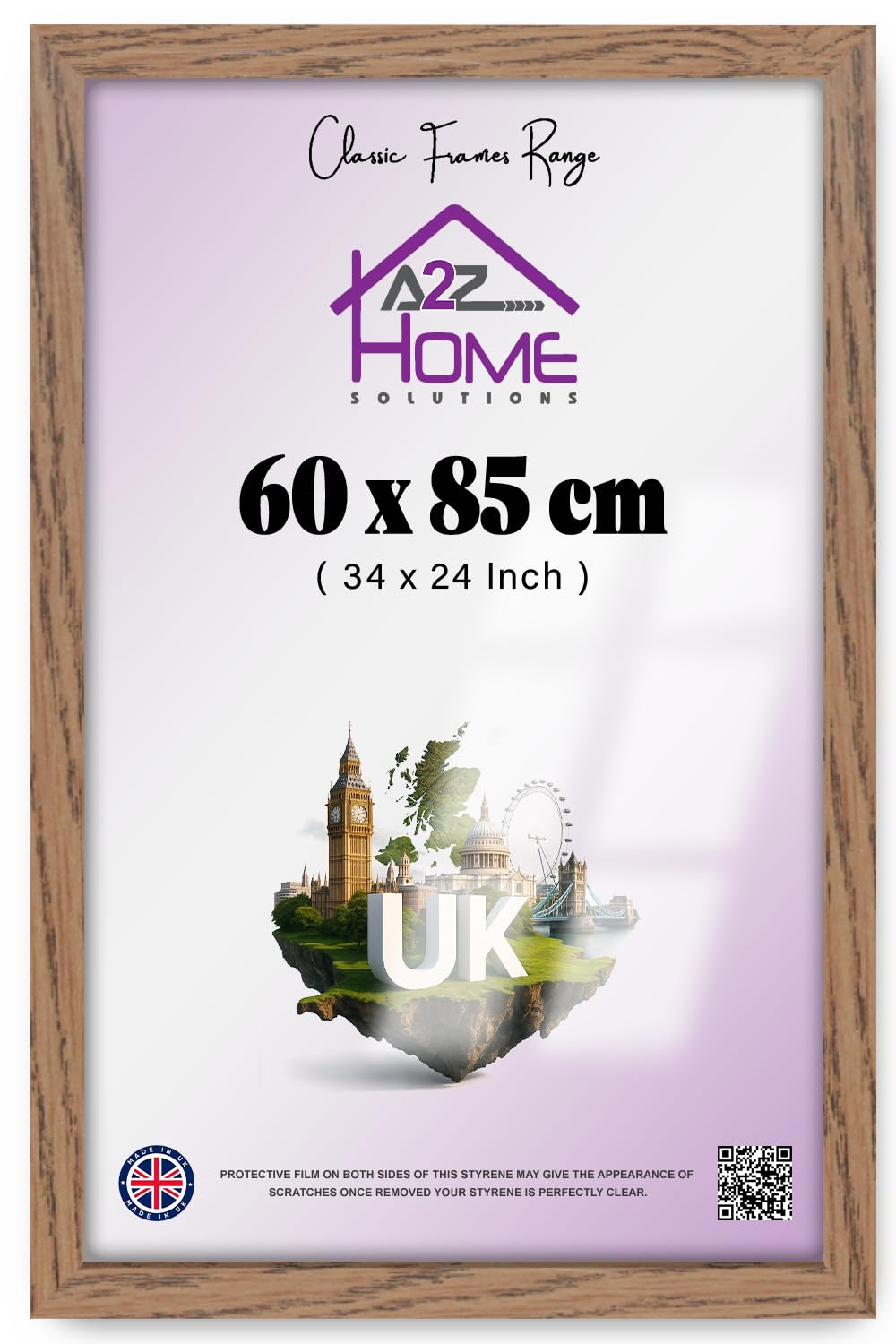 A2Z Wall Poster Frame 60x85cm – Dark Oak Flat Eton Wood Frame with Clear Perspex, Hooks & Sawtooth Hangers, Rich Home & Office Decor (24x34 Inch)