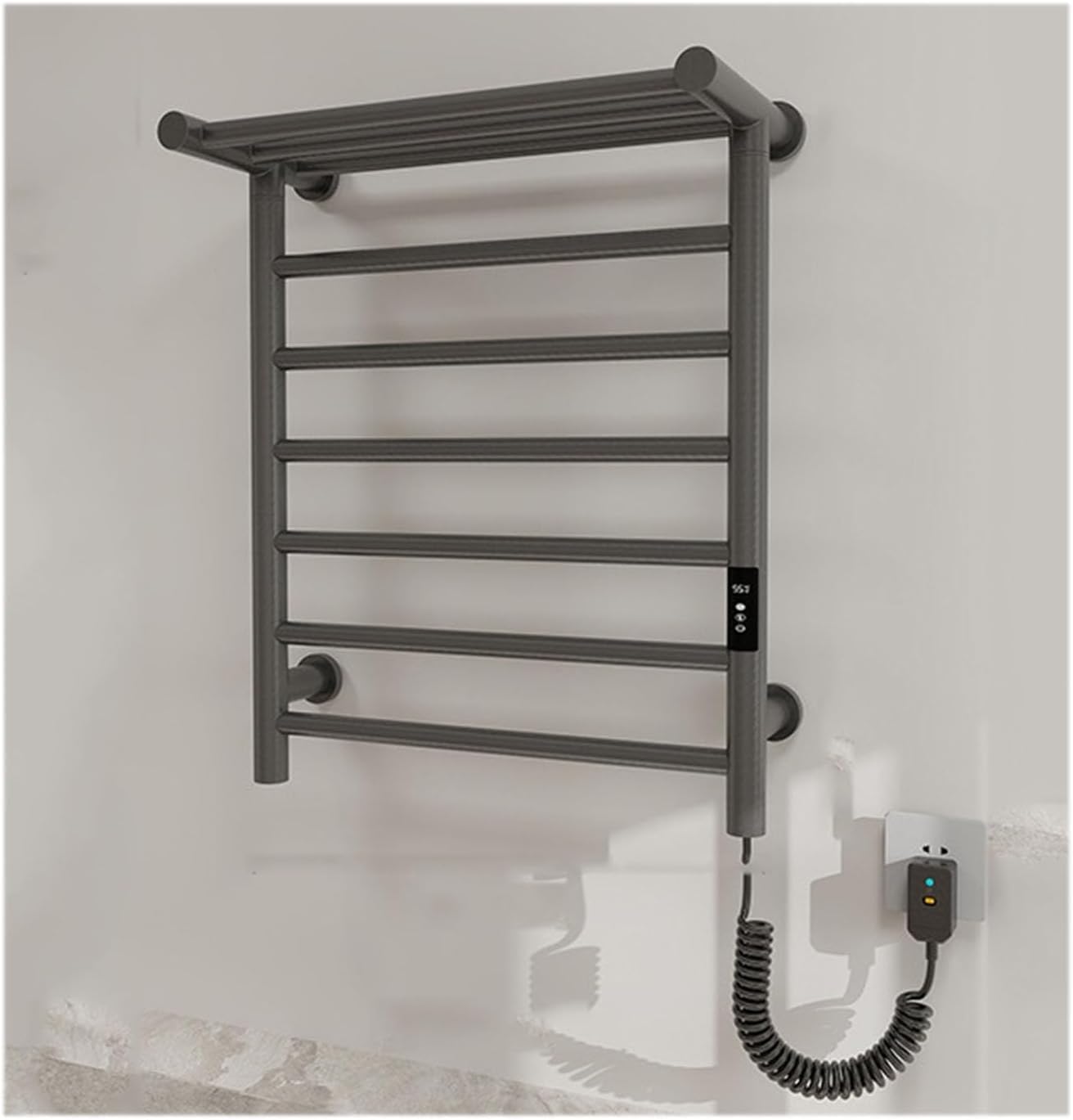 Wall-Mounted Electric Heated Towel Rack with Adjustable Temperature & Top Shelf - Modern Grey Towel Warmer for Bathroom & Spa Space-Saving Design