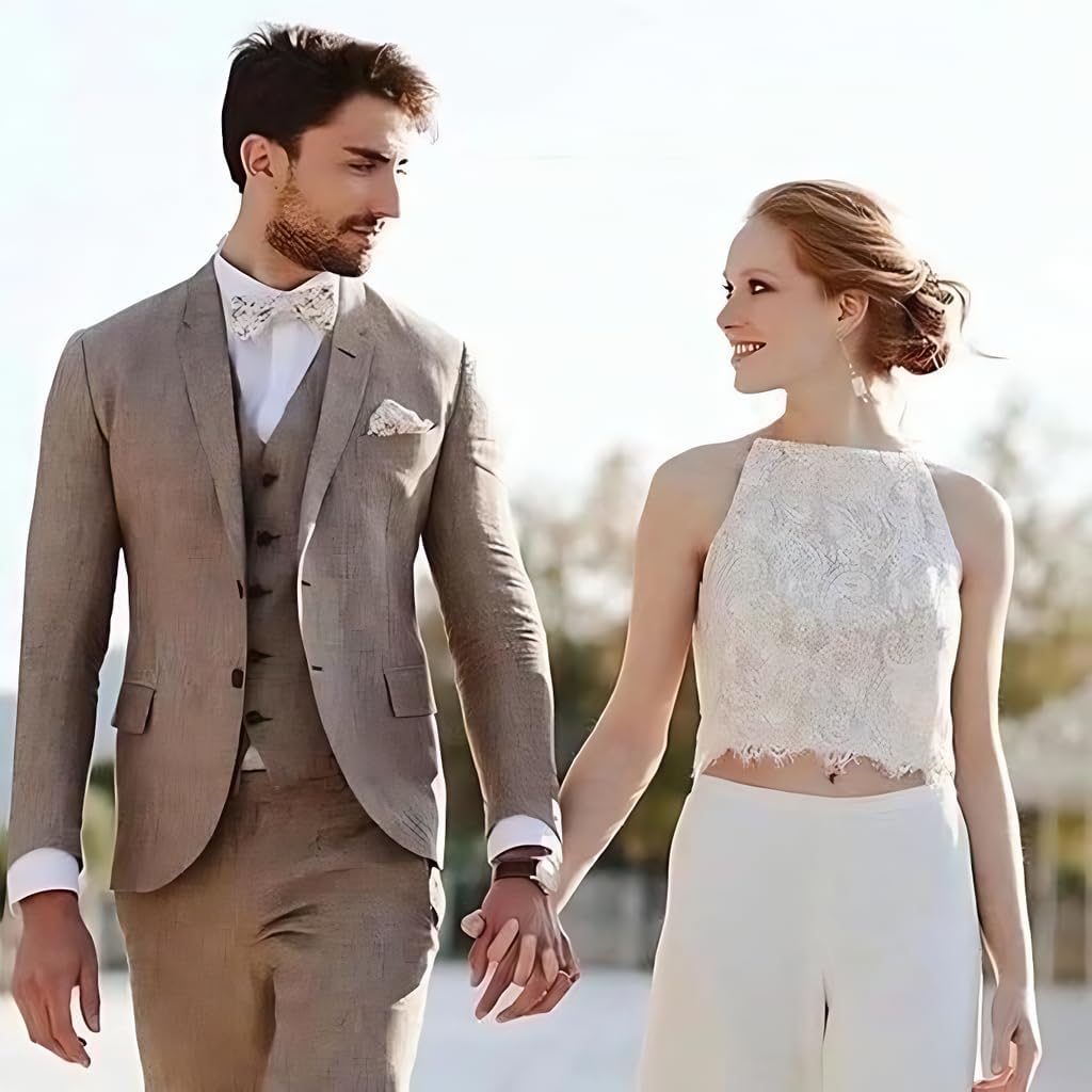 Retro Linen Men Suit Beach Wedding Suit 3 Piece Summer Slim Fit Jacket Vest Pant Tuxedo