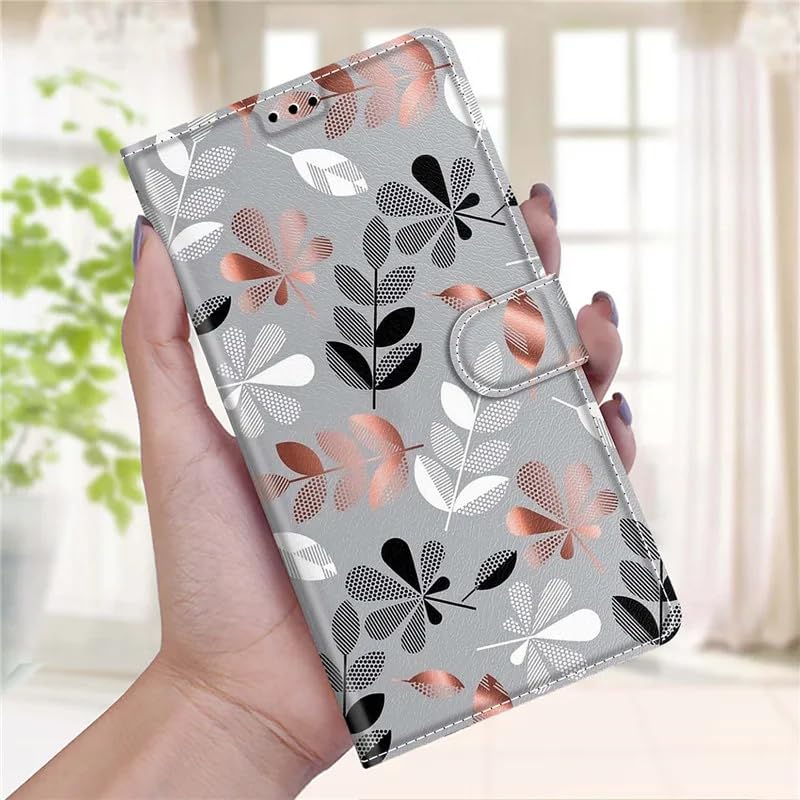 Image of Dkandy for Motorola Edge 60 Fusion Printed PU Leather Magnetic Wallet Case Flip Cover for Motorola Edge 60 Fusion (Grey with Leaves)