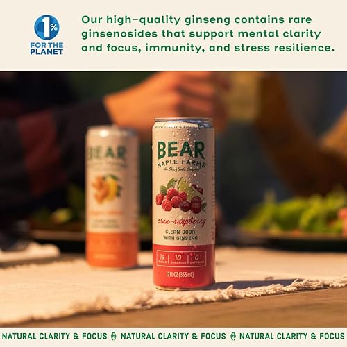 Miniatura 6 de Bear Maple Farms Clean Soda, enfoque natural y claridad de ginseng, sin cafeína, 5-10 calorías por porción, endulzado naturalmente, lata de 12 onzas