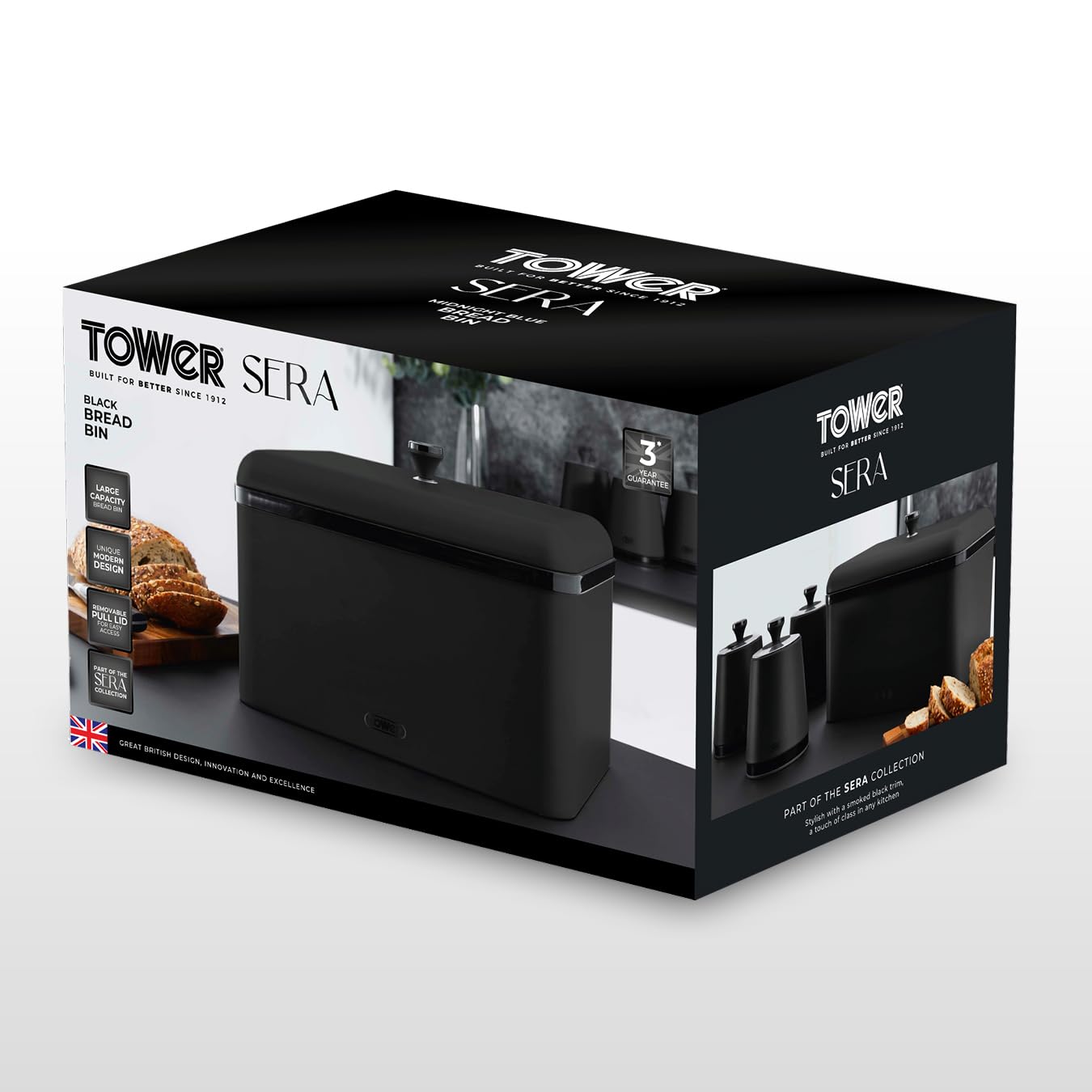 Tower T826136BLK Sera Brotkasten, schwarz und geräucherter Rand, Edelstahl