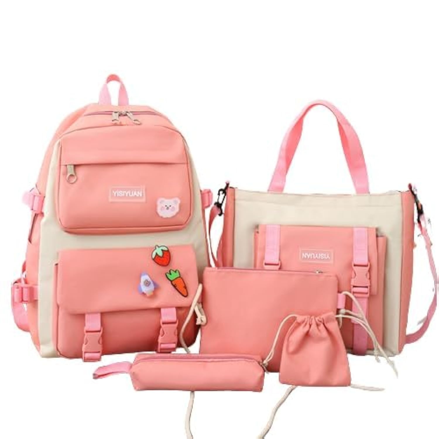 5PCS School Backpacks Combo Set with Bear Pendant Back to School Supplies Cute Schoolbag Lunch Bag Pencil Case Shoulder Bag Travel Bag Gifts for Girls Pink, One Size