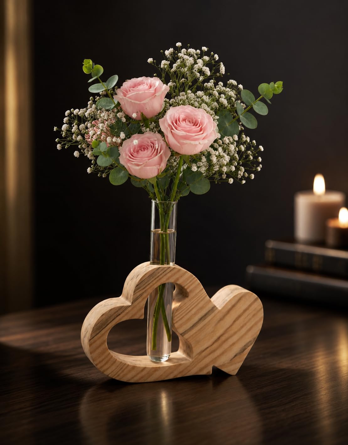 Wooden Heart Shape Flower Vase Stand with Glass Tube | Handmade Flower Holder for Fresh Flowers | Romantic Table Decor for Living Room, Bedroom, Office | Valentine, Anniversary, Wedding Gift-image-4