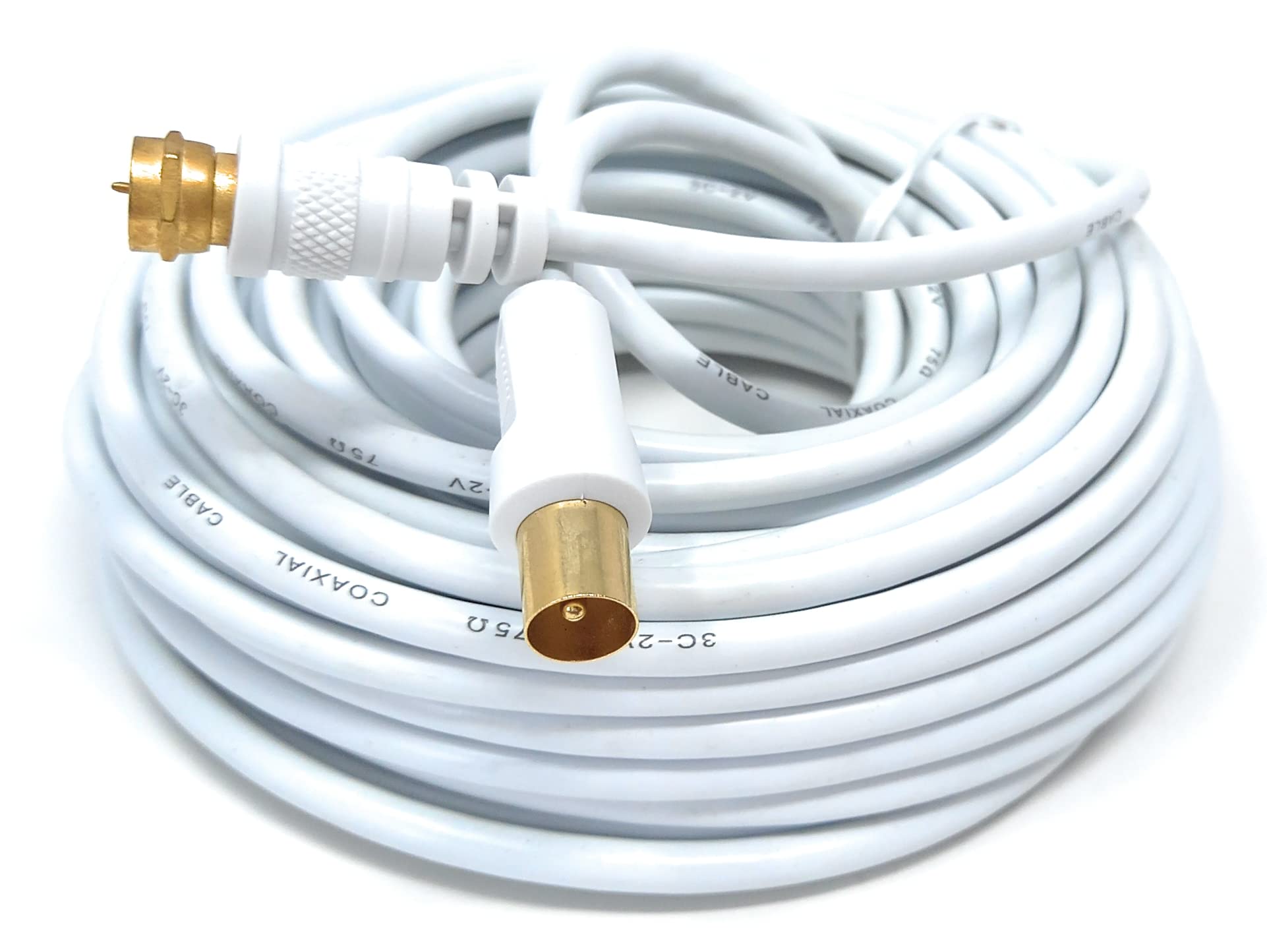 DRUT 15m RF TV Aerial Male to F Type Connector Male Plug Coaxial Coax Cable, Lead, 75 Ohm, 3C-2V 50ft White Gold Connectors - Image 3