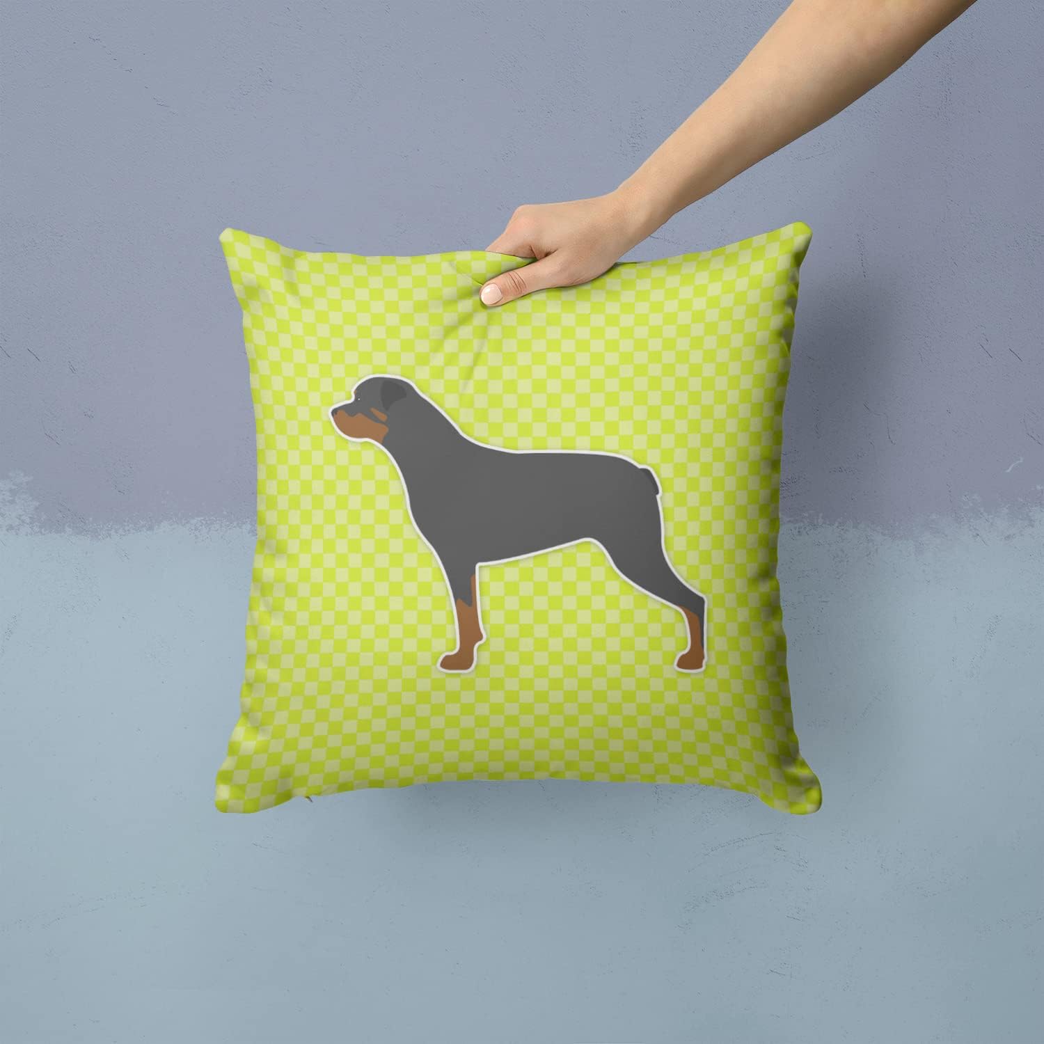 Caroline's Treasures BB3866PW1414 Rottweiler Checkerboard Green Fabric Decorative Pillow Machine Washable, Indoor Outdoor Decorative Pillow for Couch, Bed or Patio, 14Hx14W