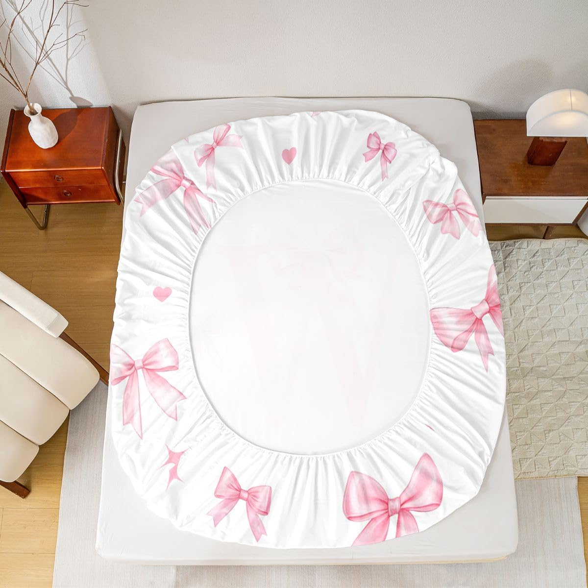 Sábana bajera ajustable con lazo rosa, tamaño King (no plana), juego de ropa de cama de 3 piezas, decoración de habitación de niñas y niños, mujeres, sábana de bolsillo profundo con lazo de cinta