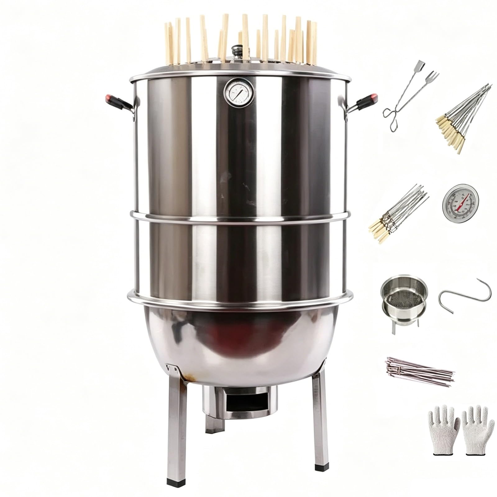 Grill Beczkowy z Termometrem Stal Nierdzewna 360° Równomiernie Ogrzewane | Separacja Oleju i Węgla Drzewnego, 3 Metody Gotowania się, do Pieczonej Kaczki, Wieprzowiny i Indyka