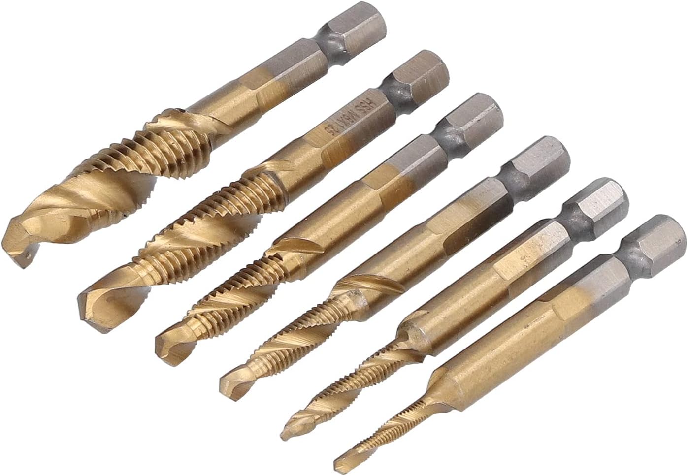 6Pcs Combination Drill Tap Bit, 1/4in Hex Shank Spiral Tapping Chamfering Drilling Bits Deburr Set M3‑M10 for Aluminum Wood Copper Iron Plates