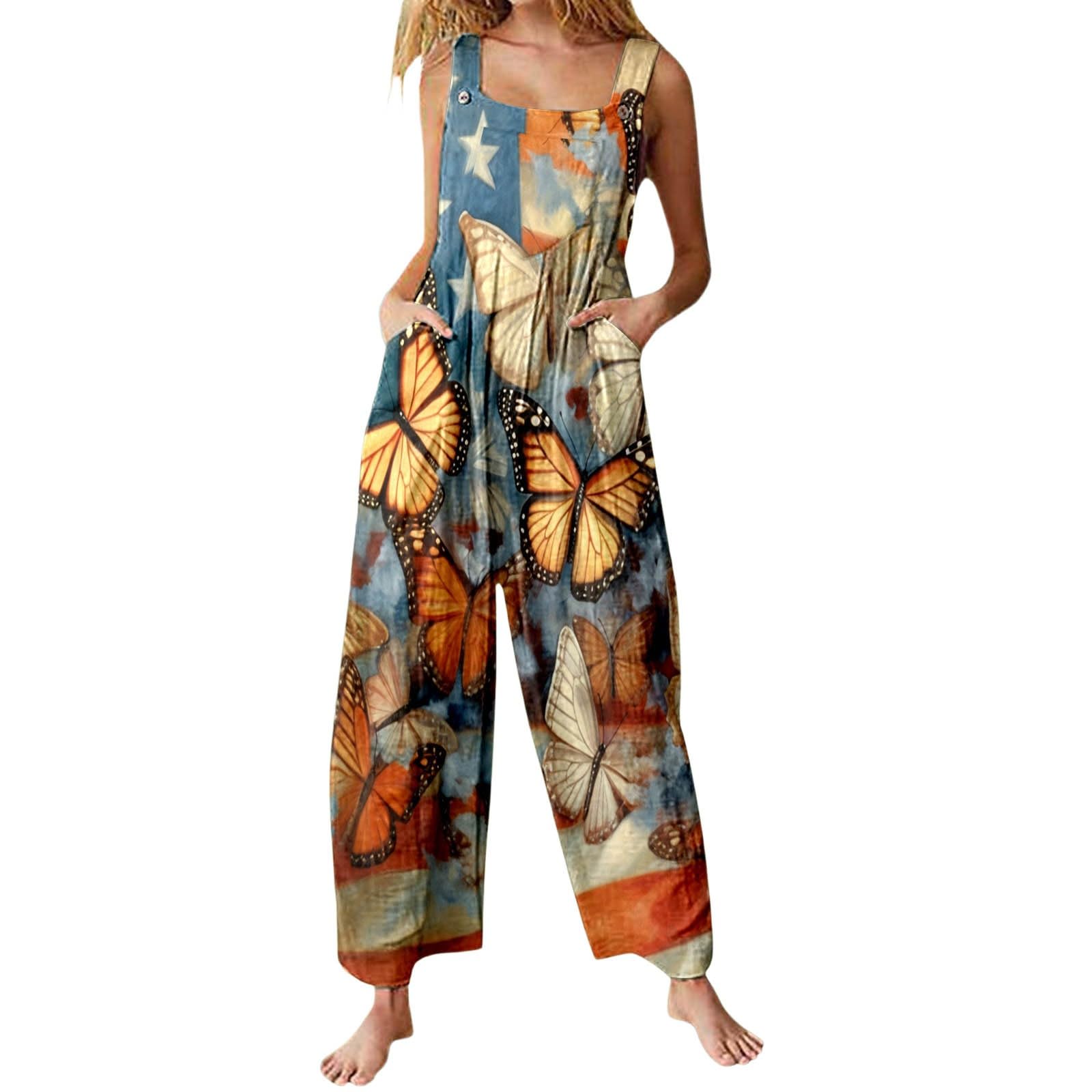 WWricotta Mono con estampado de lentejuelas y estrellas para el evento del Día de la Independencia, festivo y cómodo, mujer, sin mangas, pantalón recto, bolsillos, para noche y celebraciones