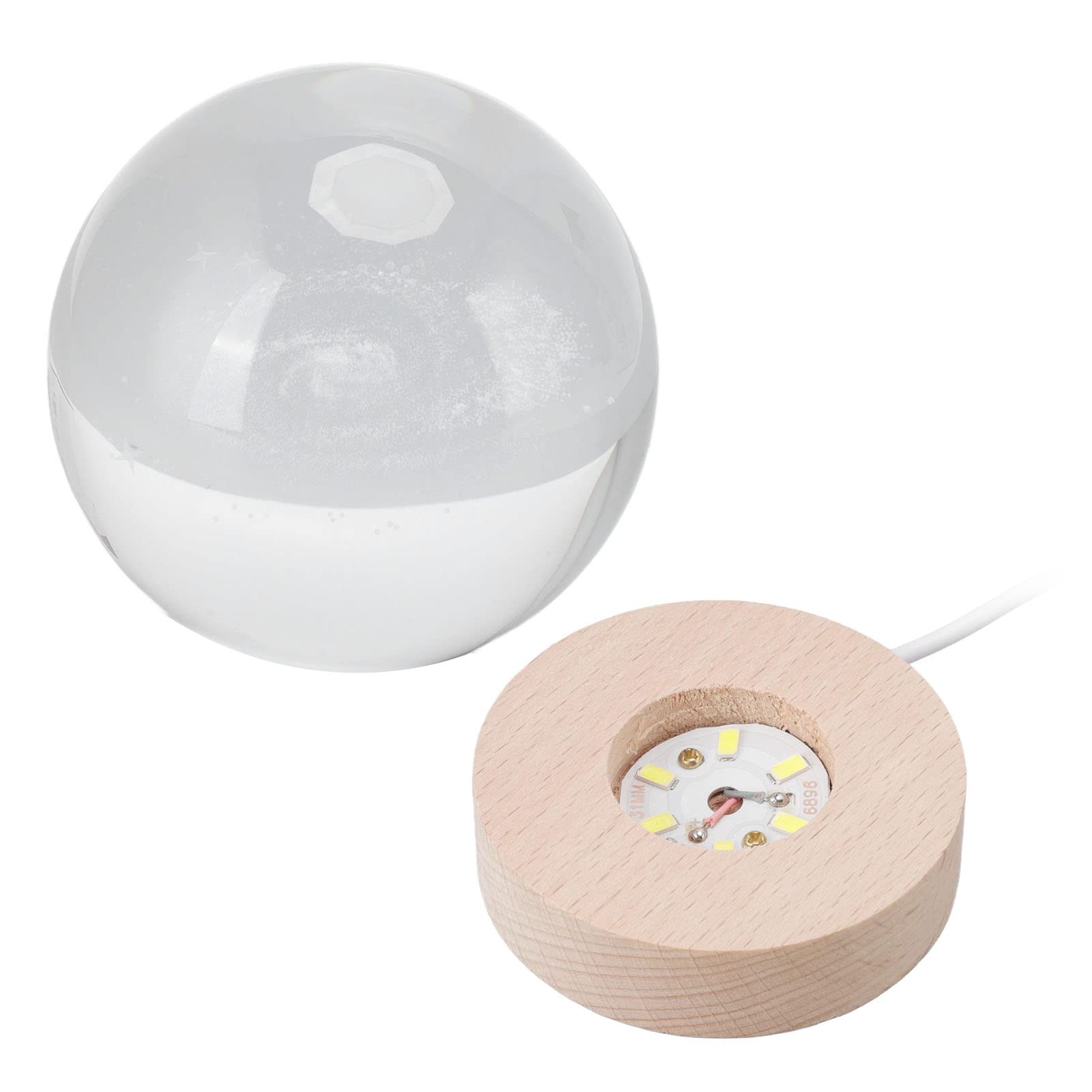 Ejoyous Lampka Nocna z Kryształowej Kuli Światło LED Kryształowa Kula z Grawerowaniem Laserowym 3D Przycisk USB Podstawa z Drewna Bukowego Miękki Blask Dekoracja na Biurko Sypialnia Salon Strona