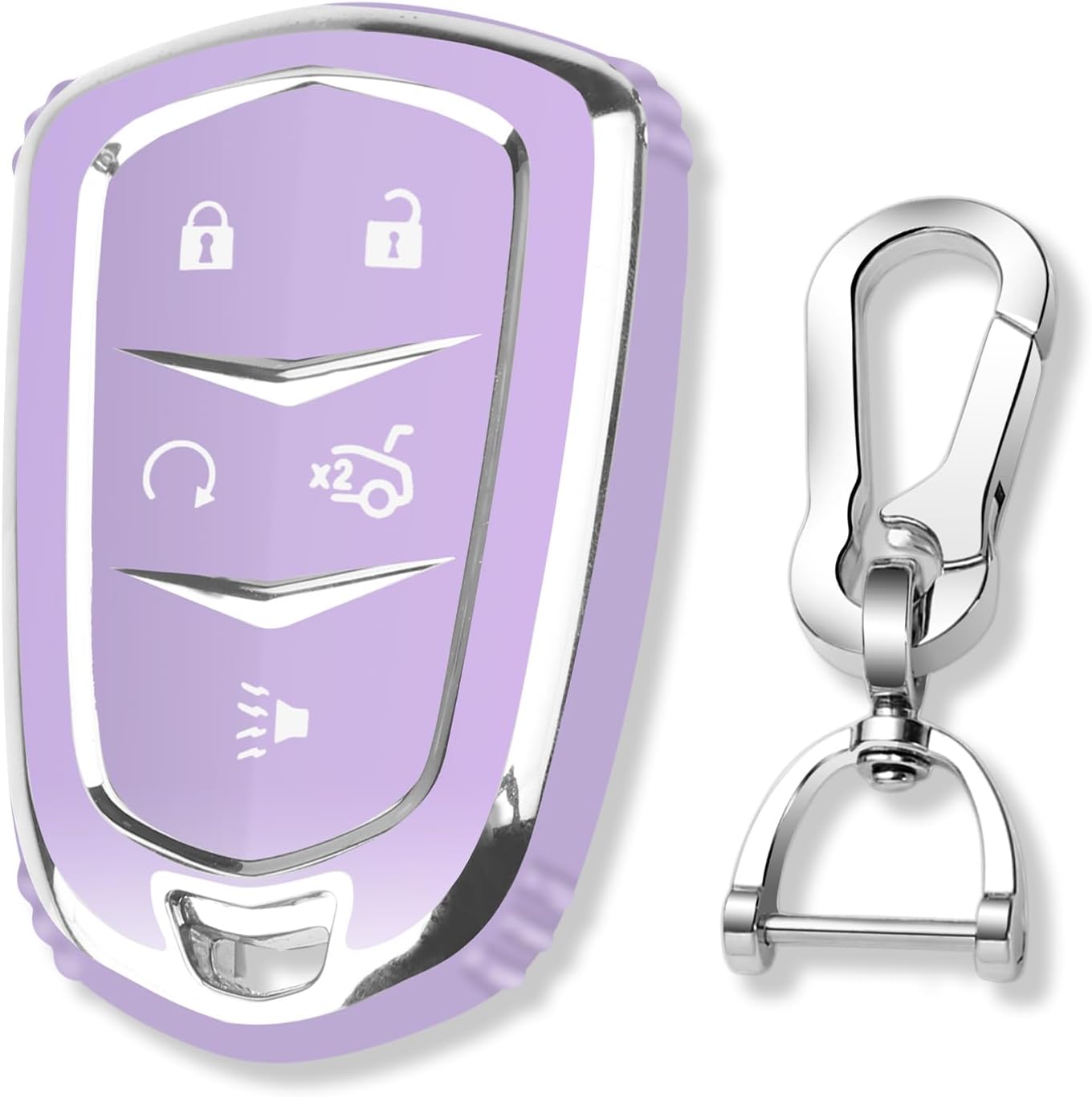 QBUC for Cadillac Key Fob Cover with Keychain Chrome Silver Trim Soft TPU Protection Case Compatible with 2015-2019 Cadillac Escalade ATS CTS CT6 XTS XT5 SRX 5-Buttons(Purple)
