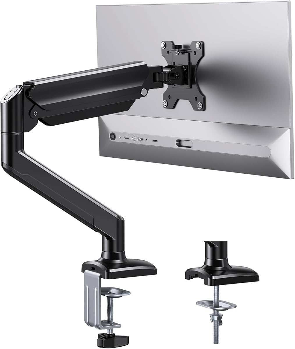 ErGear Single Monitor Arm for 13-36 inch Screens, Adjustable Gas Spring Monitor Mount Holds up to 22 lbs, Computer Monitor Stand with VESA Mount, C-Clamp & Grommet Base, Max VESA 100x100mm