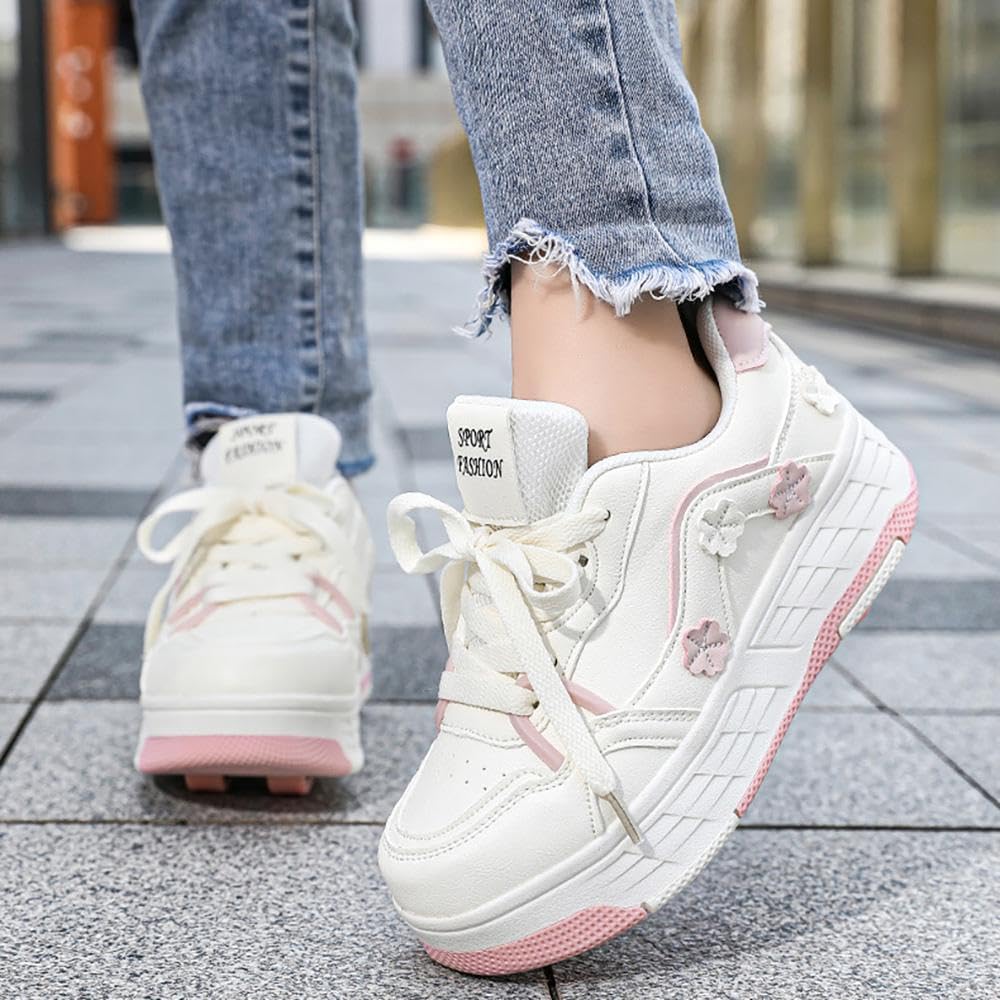 Pattini A Rulli in Stile Floreale, Scarpe per Pattini A Rulli per Ragazza Ragazzo, Quattro Ruote Trainer Pattini A Rulli Adulti Adolescenti Unisex con Ruote Posteriori Ritirabili,Pink-EU34