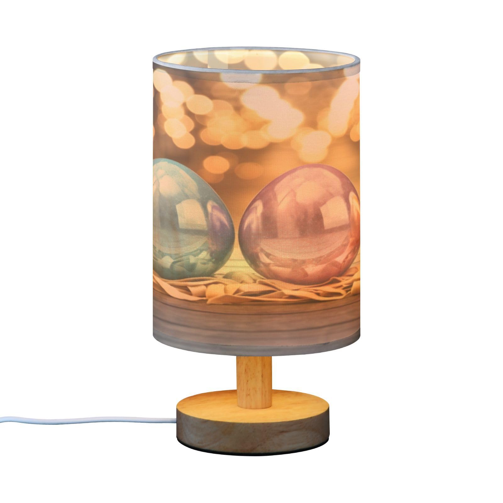 SDMKA Happy Easter Pattern Bedside Table Lamp for Bedroom, Minimalist Nightstand Lamp with Round Fabric Shade for Living Room, Office, No Bulb Required