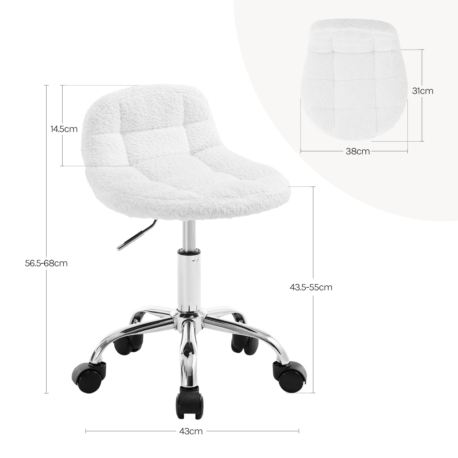 WOLTU Tabouret de Bureau Pivotant à roulettes, Tabouret avec Dossier Réglable en Hauteur Entre 43,5 et 55cm, en Chenille, Blanc, BS174ws