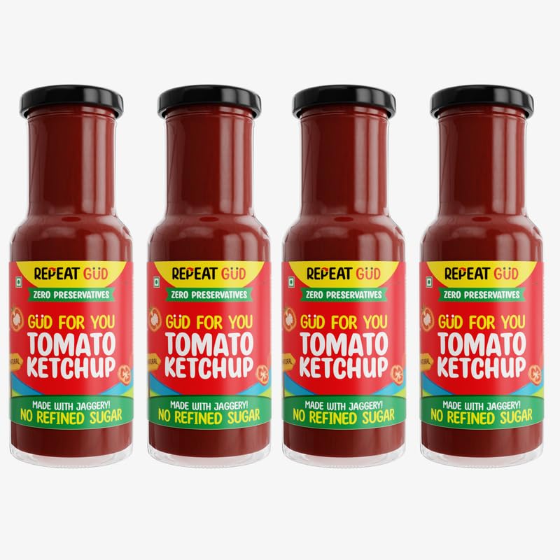 Image of REPEAT GUD Healthy Tomato Ketchup For Kids|No Refined Sugar,Made With Jaggery|100% Natural Ingredients|No Chemical|No Preservatives|No MSG|No GmO|No Cornstarch|100 % Vegetarian|225 Gm (Pack of 4)