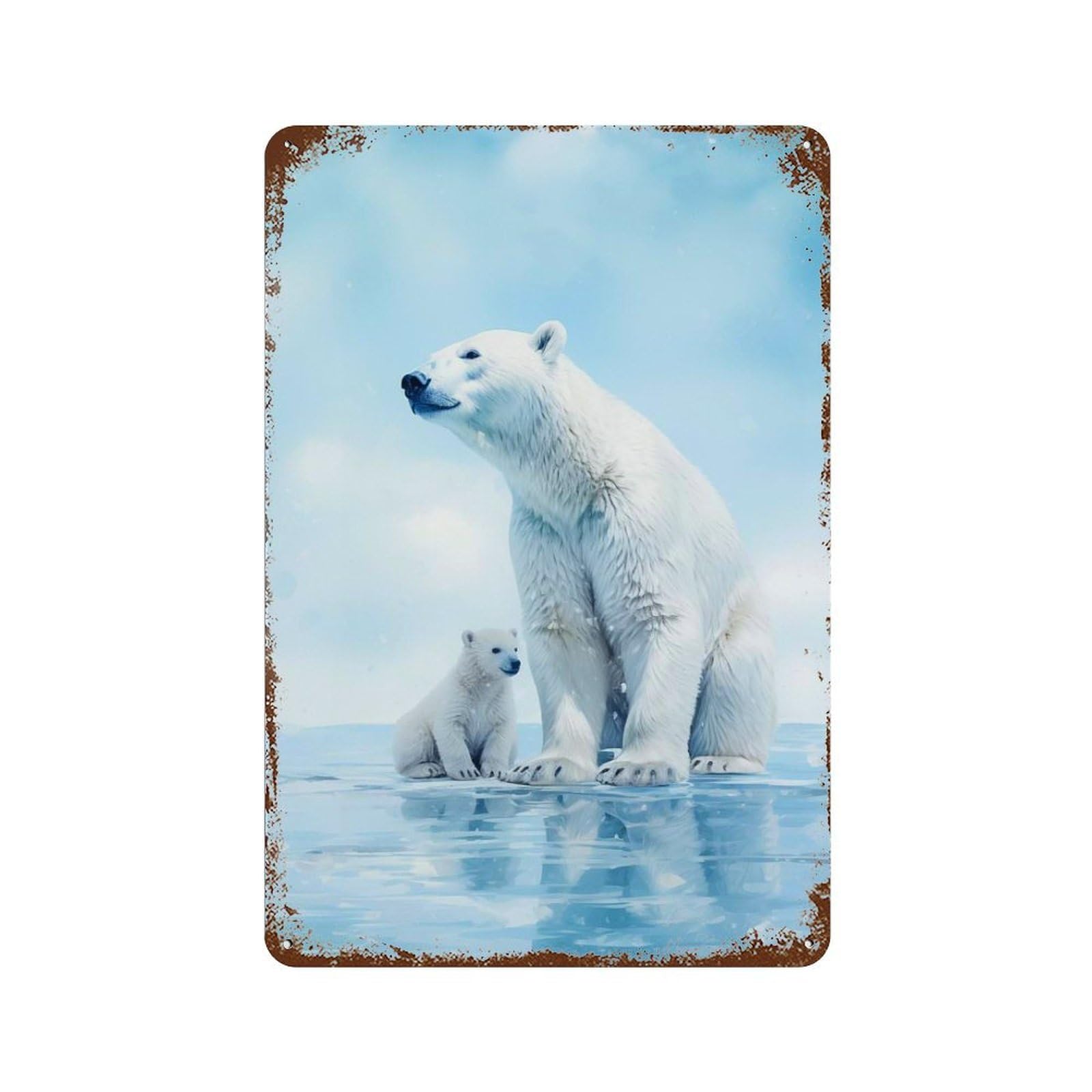 Polar Bear with Cub 11.8"x7.9" Vintage Metal Tin Sign, Shabby Chic Decor for Office, Studio And Wall Decor