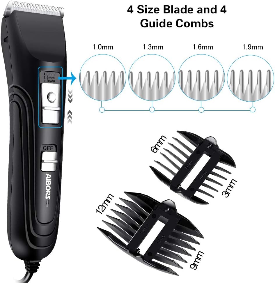 Image showing the four adjustable blade sizes (1.0mm, 1.3mm, 1.6mm, 1.9mm) and the four guide comb sizes (3mm, 6mm, 9mm, 12mm).