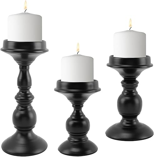 Juego de 3 portavelas de pilar elegante, decoración romántica de centro de mesa para familia, sala de estar, boda (negro)
