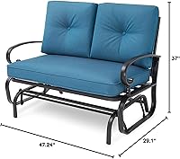 Vista 8 de Banco de Patio, Columpio Deslizante de Porche Sofá de Dos Plazas Mecedora para Exteriores, Silla de Marco de Acero con Cojín Grueso (Azul Pavo Real)