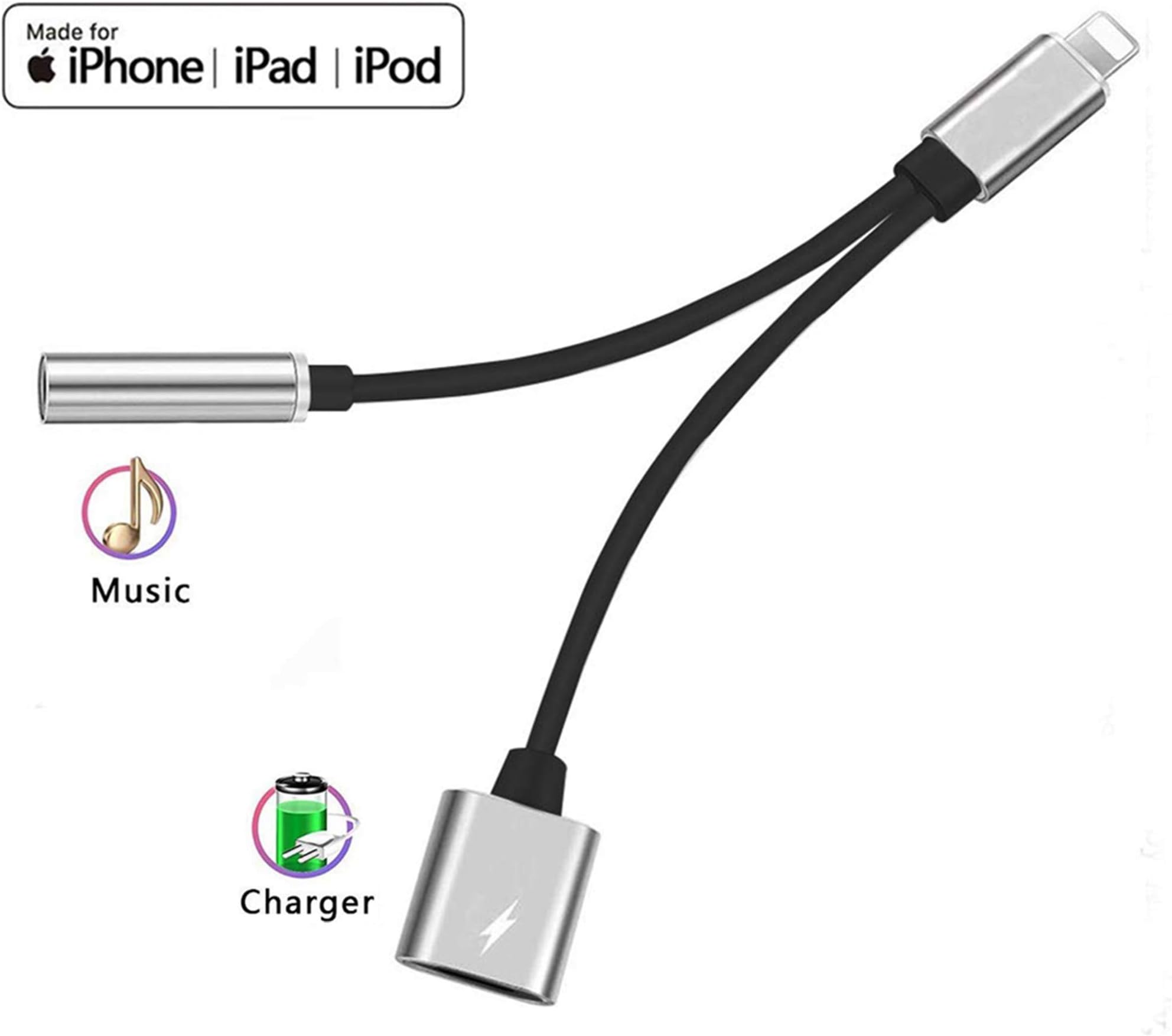 Headphones Adapter for iphone splitter audio and charge 3.5mm Jack Adapter Dongle Earphone Connector for iPhone Xs/Xs Max/XR/X（10）8/8 Plus/7/ 2 in 1 Cables Charge & Aux Audio Support iOS Latest system