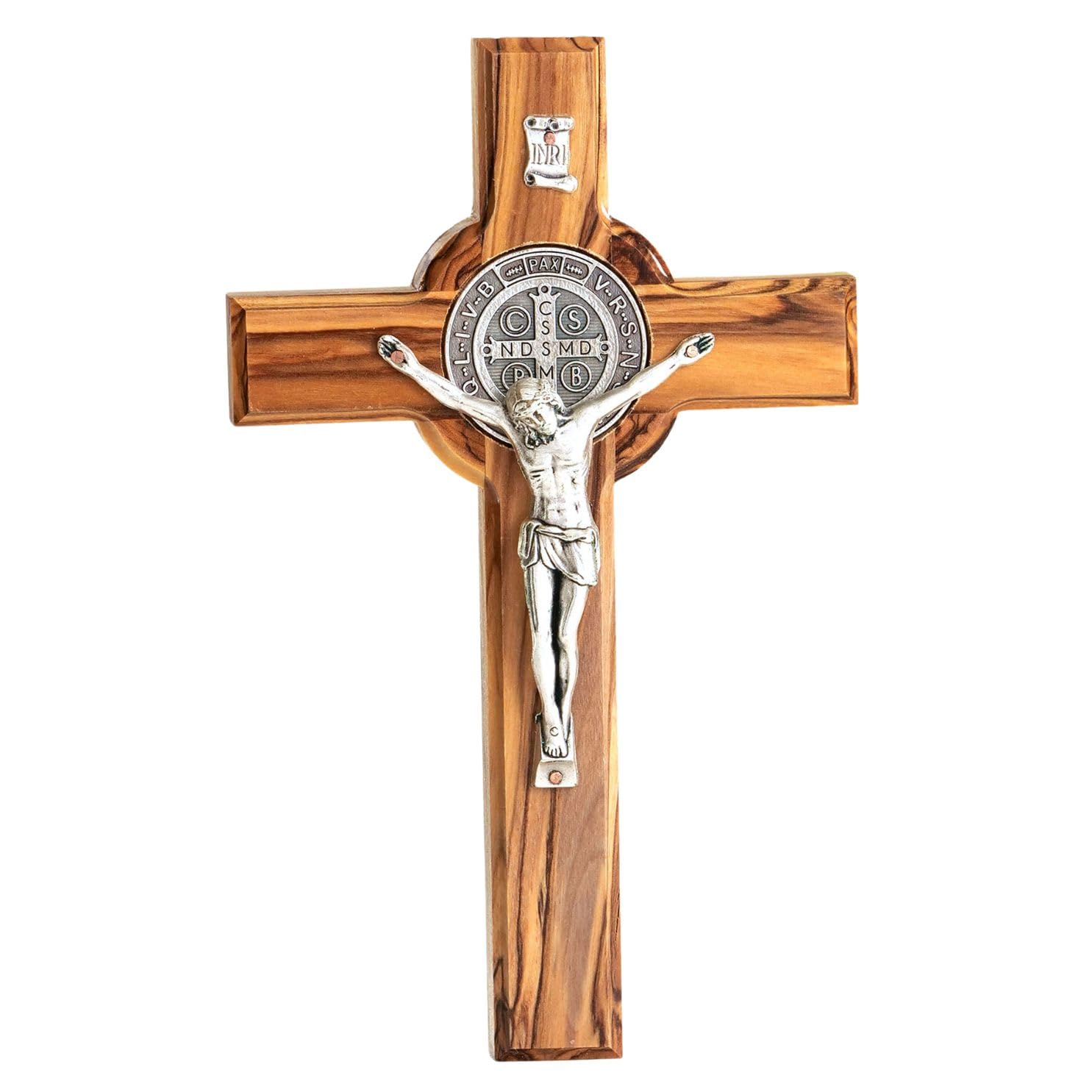 KASSIS Crucifijo de San Benito hecho a mano - Cruz de pared de madera de olivo de 16 cm - Regalo sostenible para confirmación, comunión y bautizo - Decoración religiosa, bendición para el hogar