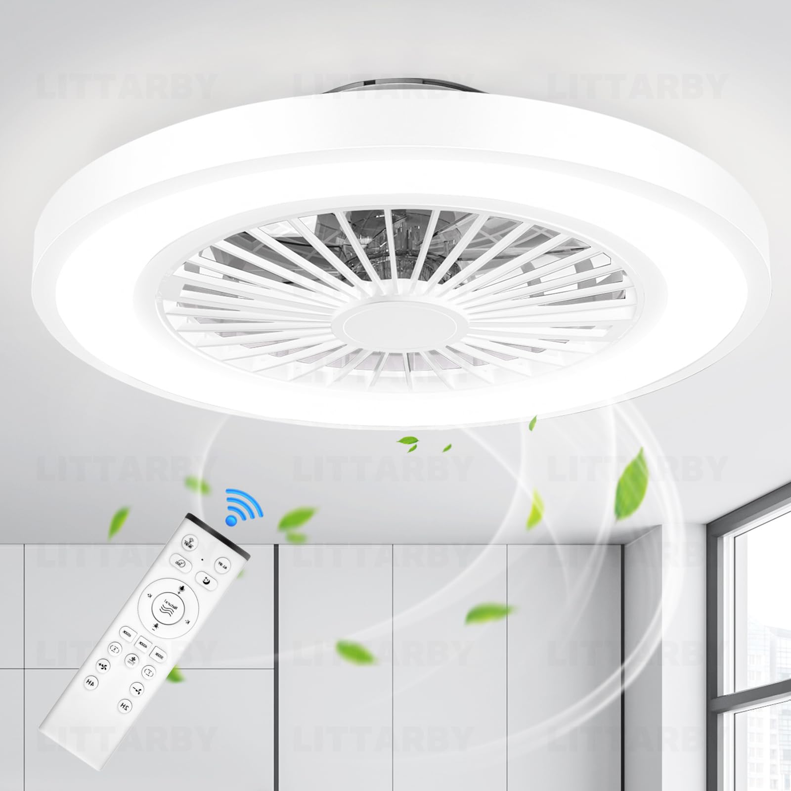 Ceiling Fans with Lights and Remote, 22 Inch Enclosed Bladeless Dimmable Ceiling Fans Flush Mount, Black Modern Low Profile Ceiling Fan with Light for Bedroom, Kitchen, Living Room, Dining Room