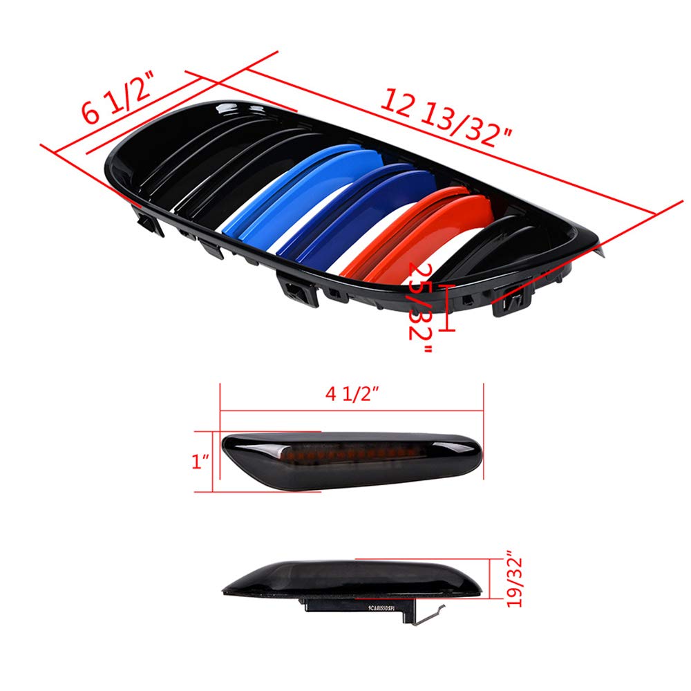 Glossy Black M-Color Double Line Kidney Grille and Amber 2538 SMD LED Dark Smoke Turn Signal Side Marker Light Compatible with BMW 07-10 2-Door E92 E93 Pre-Facelift Coupe Convertible