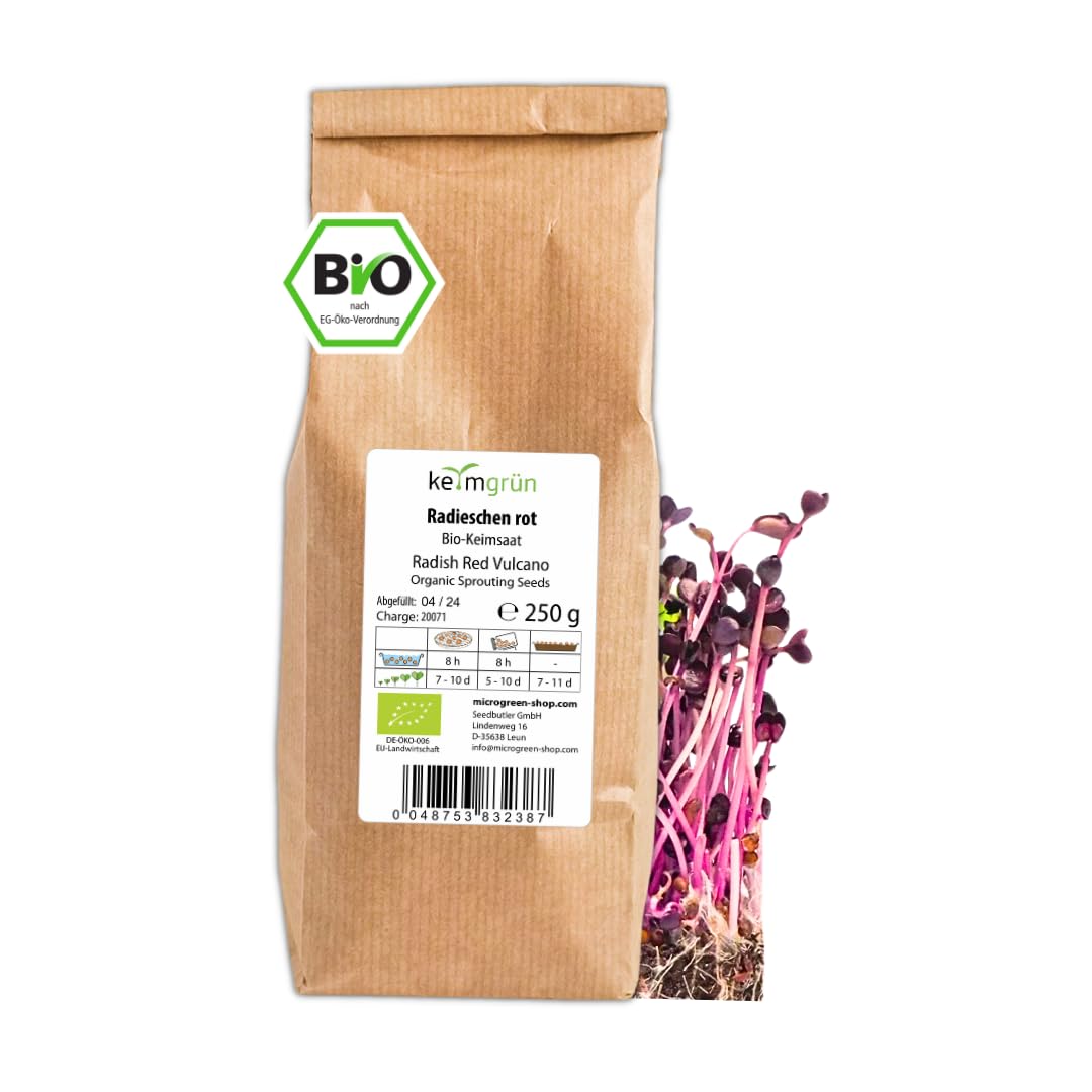 Bio Radieschen rot Samen - Sprossensamen für Sprossenglas oder Microgreens, Plastikfreie Verpackung, Regional Abgefüllt in Deutschland, Wähle zwischen 250g, 500g und 750g
