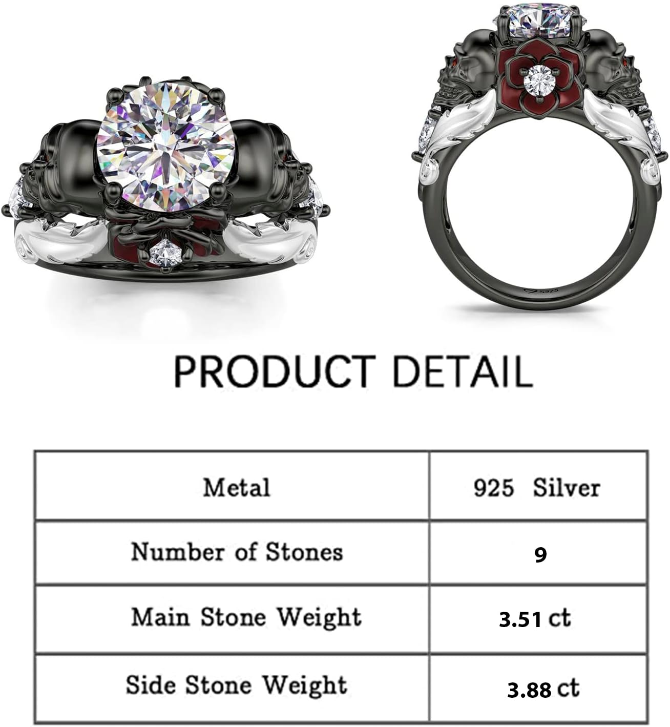 Jeulia 2.55ct Skull Engagement Ring Sets Sterling Silver Heart Cut Red Diamond Ruby Rings Cubic Zirconia Wedding Promise Anniversary Romantic Jewelry for Women Grils Bridal with Gift Box