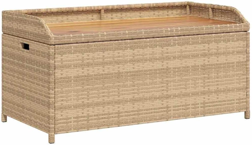 Beige Brown Acacia Wood Storage Bench with Poly Rattan, 39.4 in Outdoor Seat for Two, Waterproof Bag for Garden Gear and Cushions
