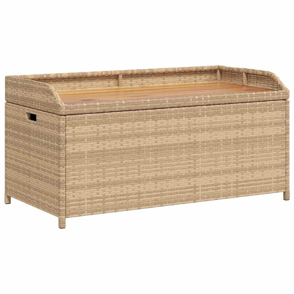 Ławka do przechowywania polirattanowa beżowa 100 x 50 x 52 cm | Odporna na warunki atmosferyczne, sprężyna gazowa, wodoszczelna torba wewnętrzna, ławka do siedzenia z pudełkiem do