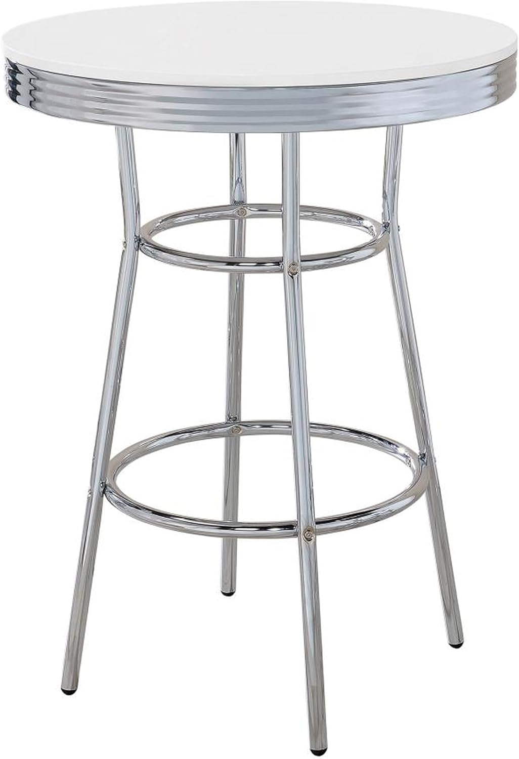 CARTESIAN Retro Chrome 3-Piece Pub Bar Set, White Round Table with Red Leatherette Swivel Stools, 30 Inch Diameter, 1950s Diner Style