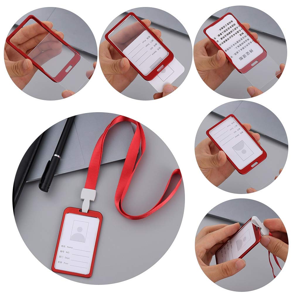 WeKonnect; Natural Hard Metal (Aluminum Alloy) PVC ID Card Holder/Badge (Refer Image) with Scratch Guard and Neck Lanyard/Strap for Office ID Cards Only (Red Vertical Holder with Lanyard - 30) 2