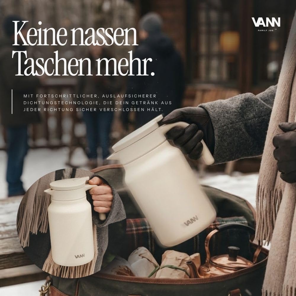 VANN Thermoskanne 1,5l - 3-fach Isolierkanne [24h warm, 36h kalt] | Thermoskanne aus zertifiziertem Edelstahl [BPA-frei] - Ideal als Teekanne oder Kaffeekanne - Auslaufsicher - Schwarz