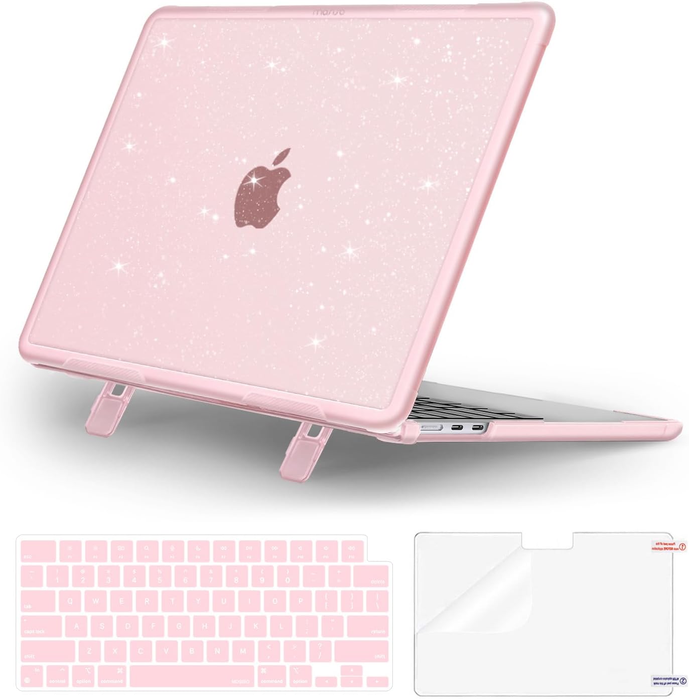 MOSISO Compatible with MacBook Air 13 inch Case M5 2026 M4 2025 M3 M2 2024-2022 A3449 A3240 A3113 A2681, 3 in 1 Kit Heavy Duty Shockproof Sparkly Glitter Hard Case with Fold Kickstand, Pink
