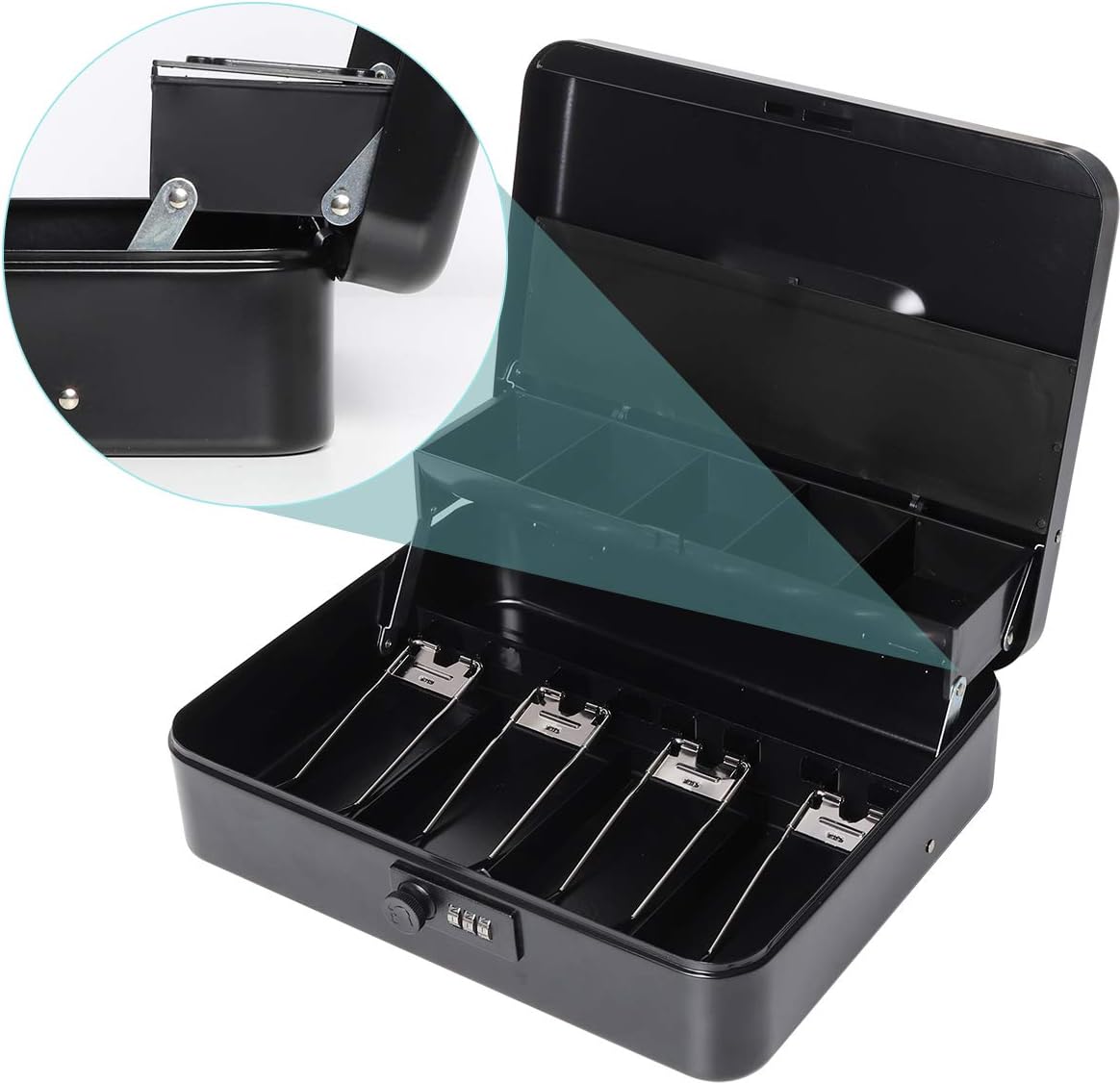 Large Cash Box with Combination Lock, Metal Money Box for Cash, Lovndi Lock Box with Money Tray, Lockbox 11.8 x 9.5 x 3.54 Inches, Black : Office Products