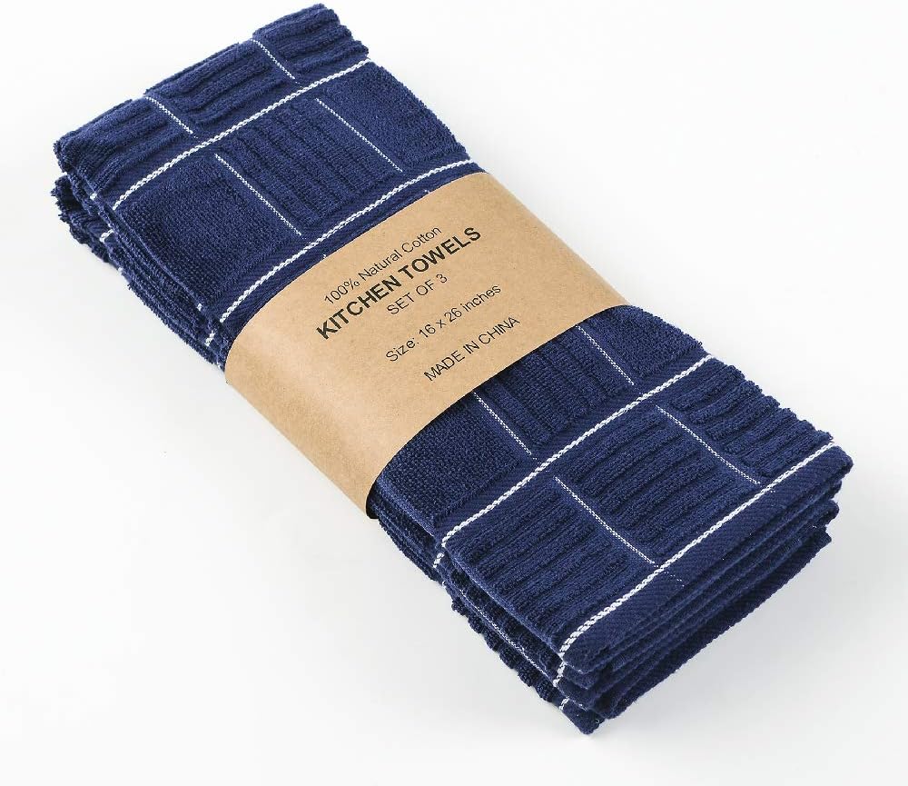 Anyi 100% Cotton Kitchen Towels, Absorbent Dish Towels with Hanging Loop, Soft Kitchen Hand Towels for Washing Drying Dishes(16x26, Set of 3, Navy) image 2