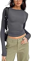 Vista 50 de Blusa corta básica casual para mujer, ajustada, manga larga, cuello redondo, color sólido, para otoño, camiseta ajustada Gris claro