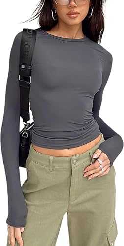 Camisetas de entrenamiento de manga larga para mujer ajustadas básicas de manga larga cuello redondo color liso atlético para gimnasio