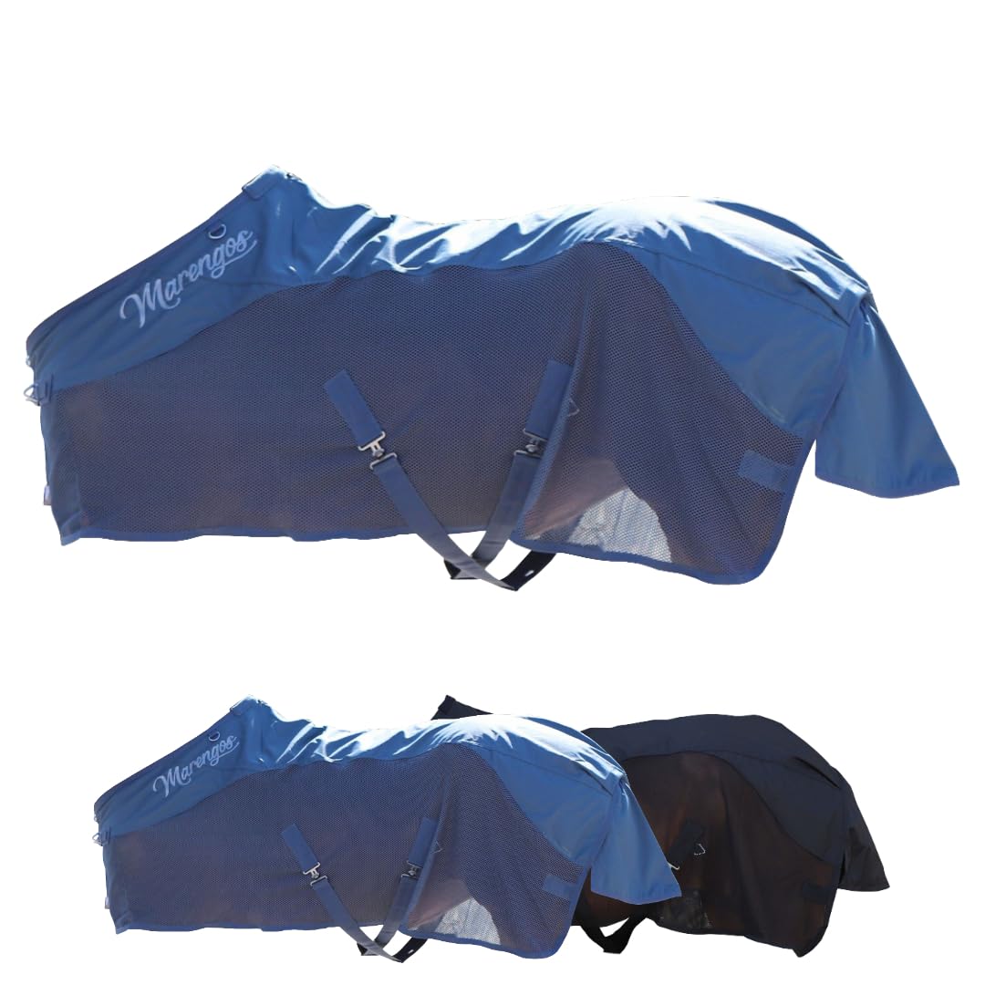Marengos - Regen- & Fliegendecke Comfort – Pferdedecke mit Mesh, Kreuzgurten, Triplex-Verschluss & Ringe für Halsteil – reißfeste Regendecke – Outdoordecke f. Pferde – Kreideblau – 135cm | Pferdedecke mit Mesh, Kreuzgurten, Triplex-Verschluss & Ringe für
